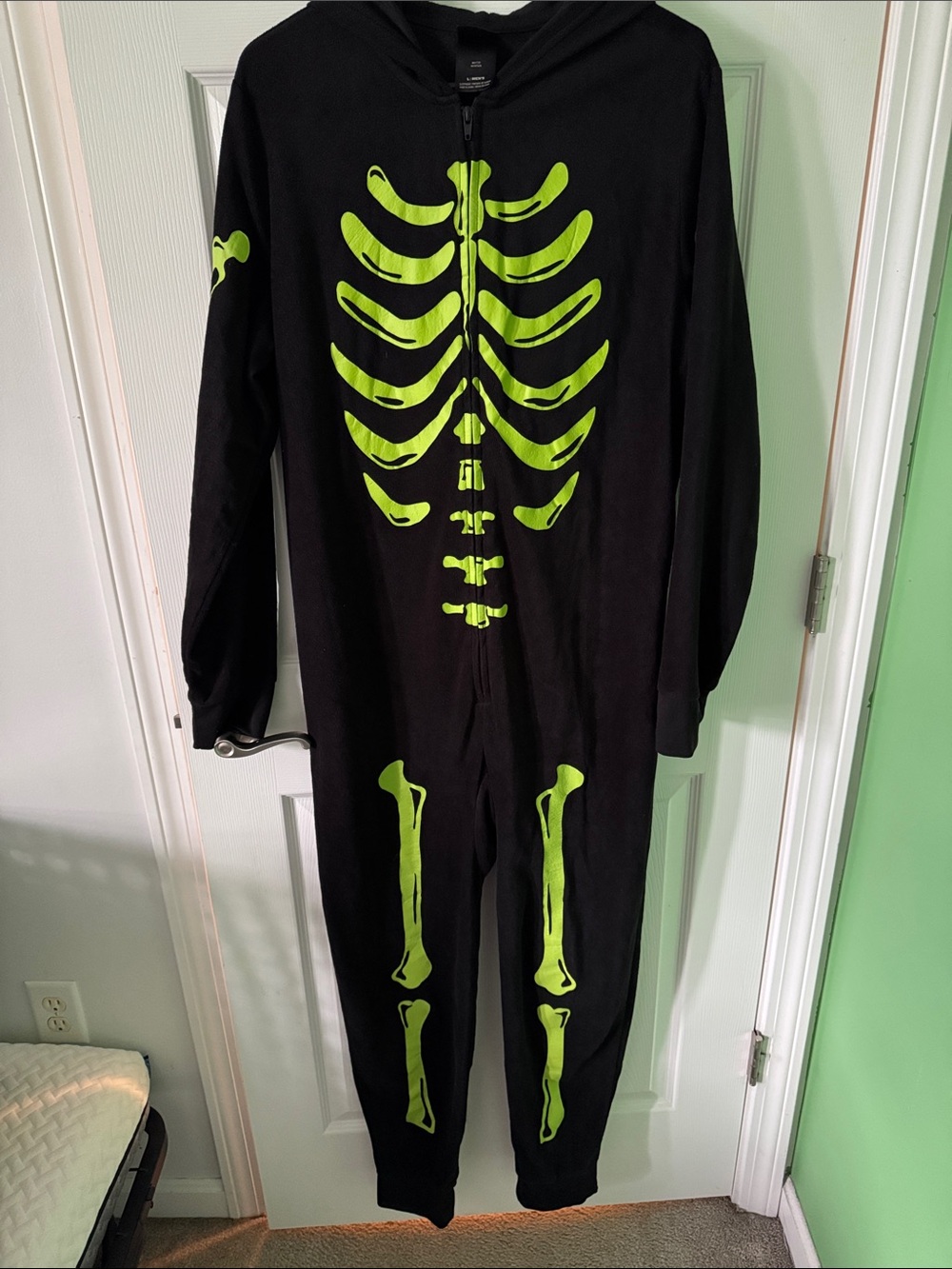 Men's Black One-Piece Footie with Neon Green Skeleton Print